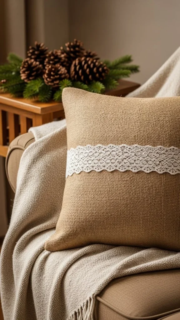 Burlap Pillow With Lace Trim