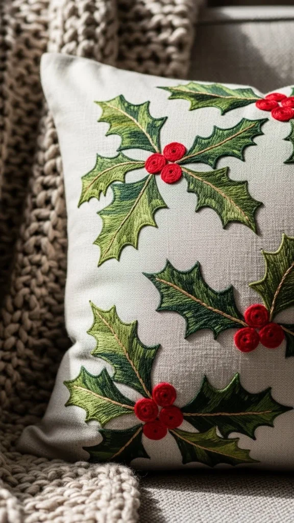 Embroidered Holly Leaf Pillow
