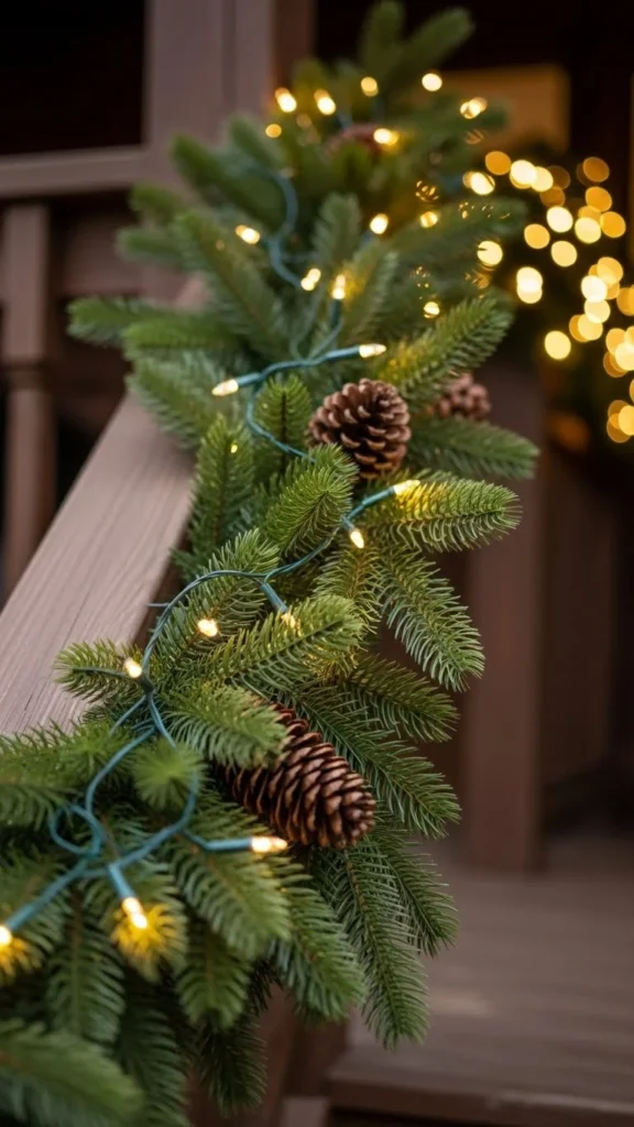 Evergreen Garland Wrapped Around Porch Railings