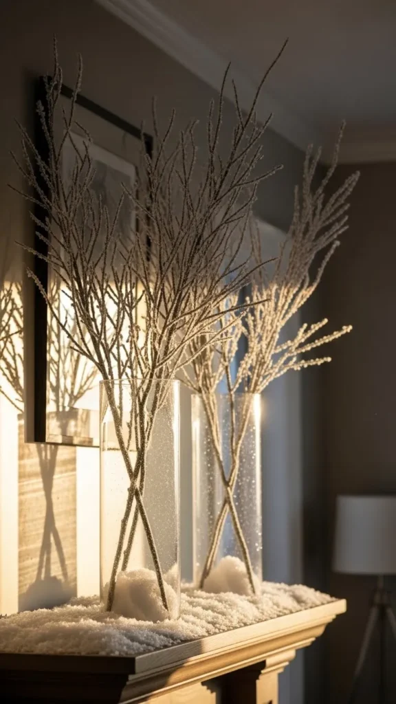Frosted Winter Branches in Clear Glass Vases