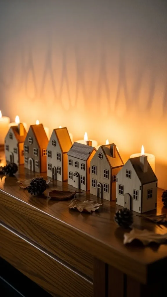 Layered Wooden Houses With Tea Lights