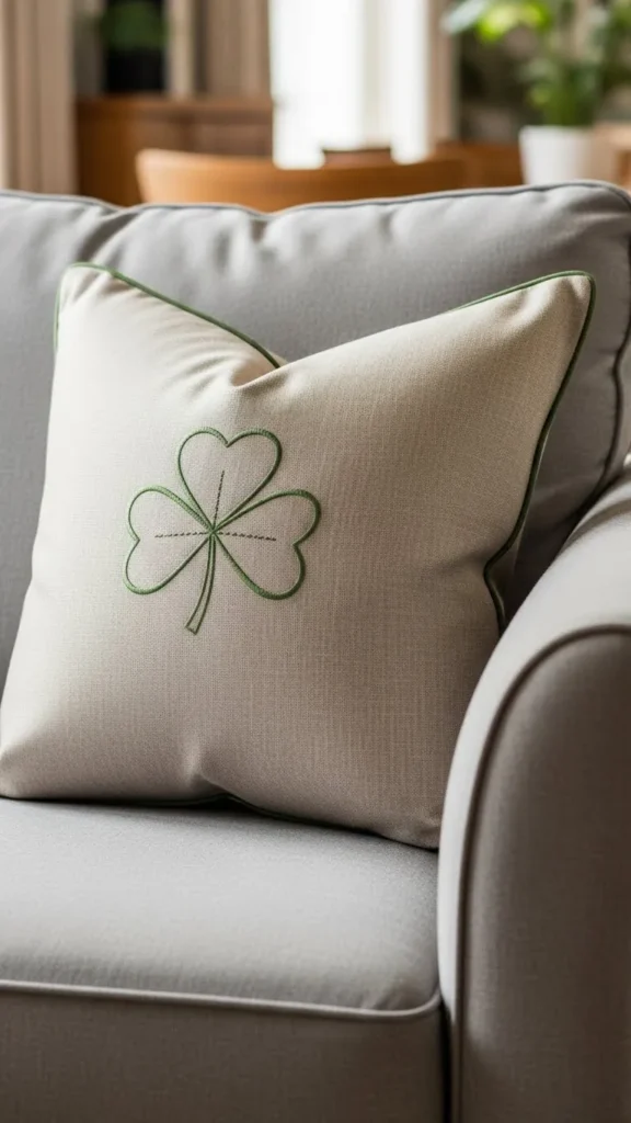 Neutral Base With Green Piping Shamrock Pillow
