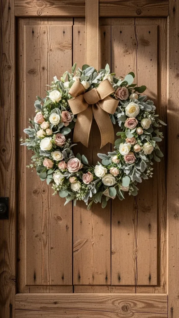 Neutral Rose and Burlap Wreath