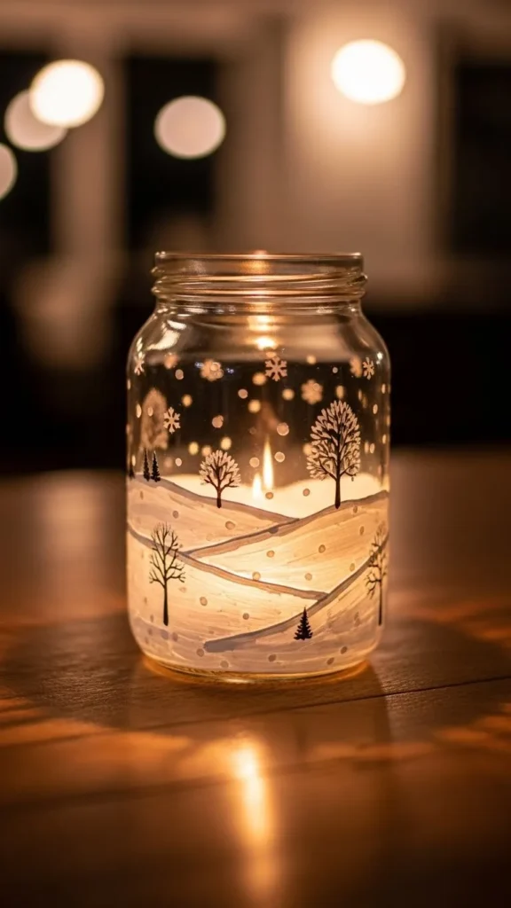 Painted Glass Winter Scene Candle Holder