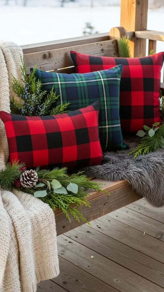 Plaid Pillow Porch Bench Setup