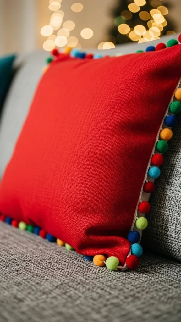 Red Pom-Pom Trim Pillow