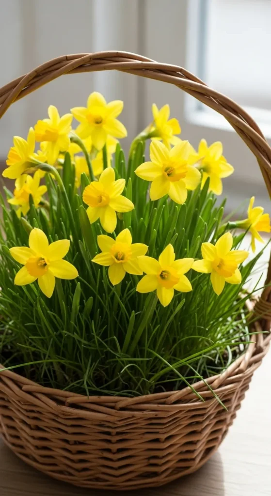 Daffodil and Grass Basket Arrangement
