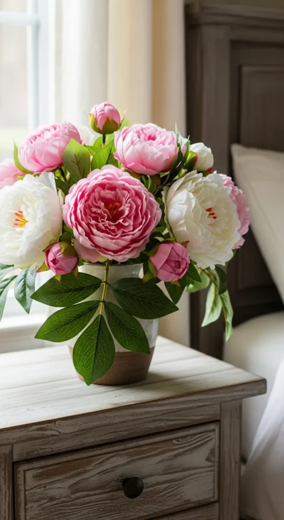 Faux Peony Nightstand Arrangement