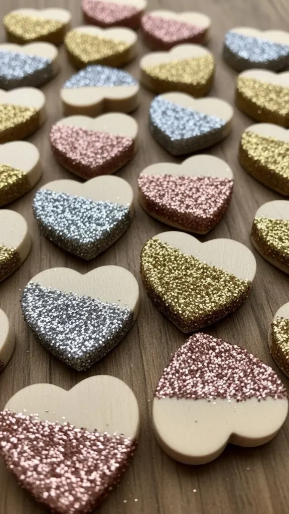Glitter-Dipped Wooden Hearts