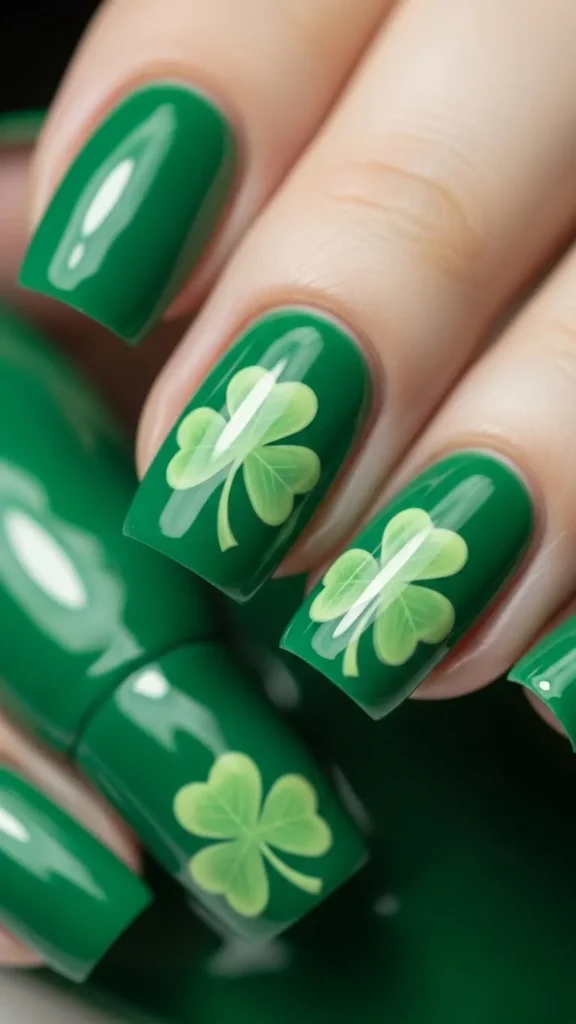Glossy Green Clover Nails