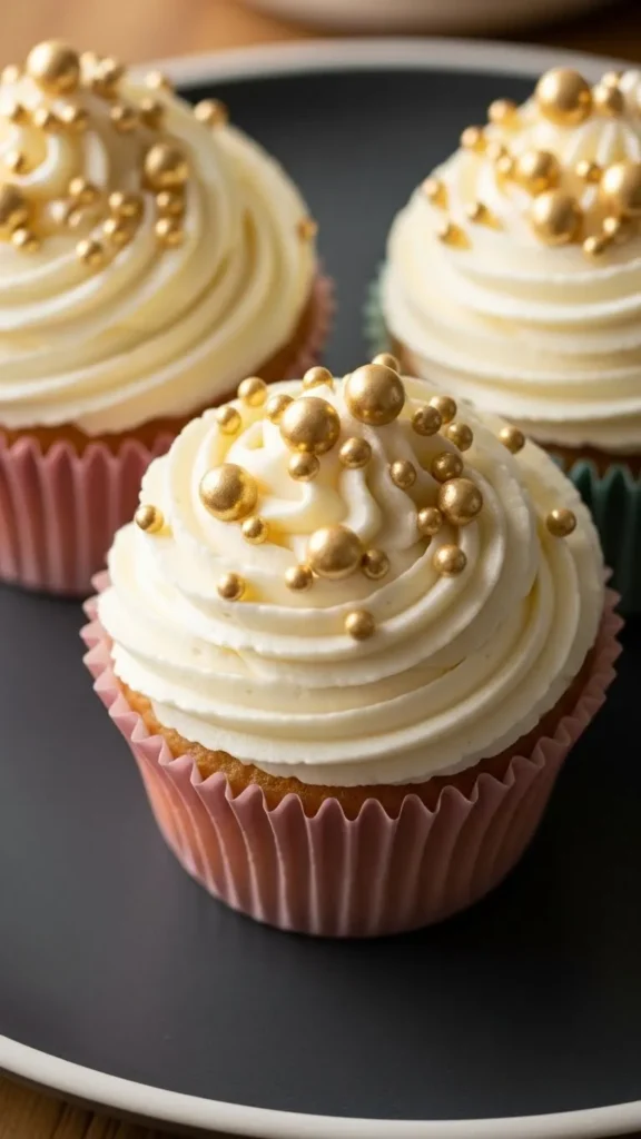 Gold Pearl Frosting Swirl Cupcakes