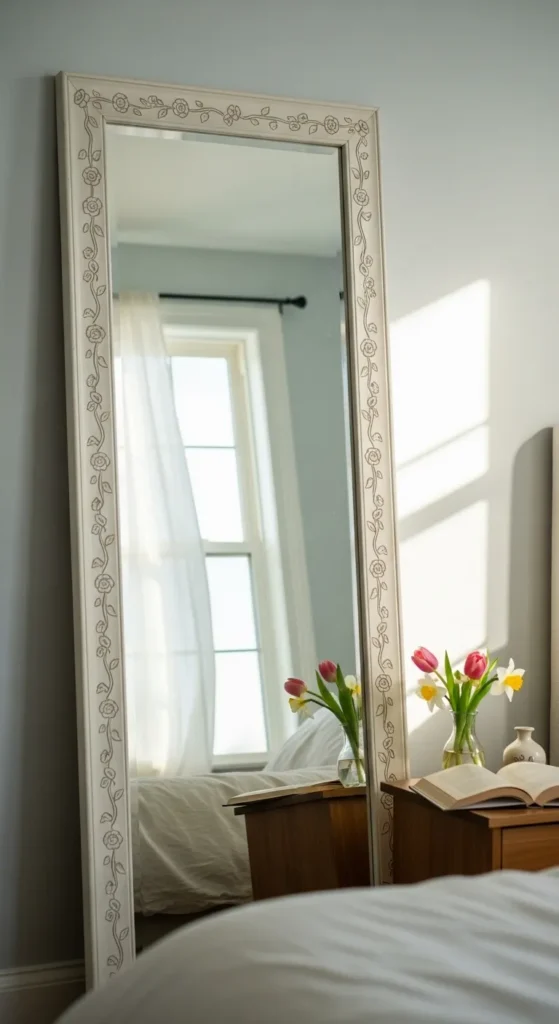 Leaning Floor Mirror With Floral Trim