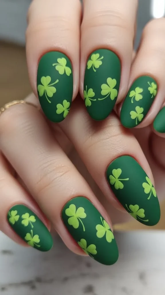 Matte Green Clover Nails
