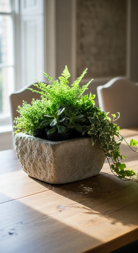 Stone Planter With Potted Greens
