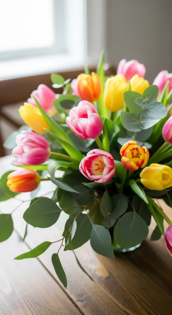 Tulip and Eucalyptus Table Centerpiece