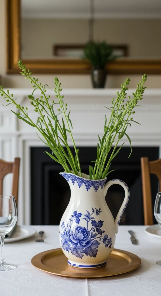 Vintage Pitcher With Green Stems