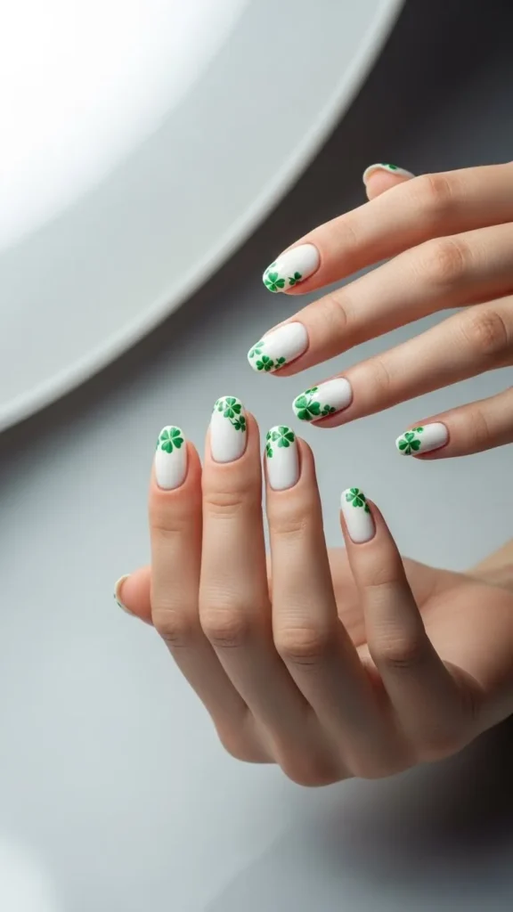 White Nails With Clover Tips