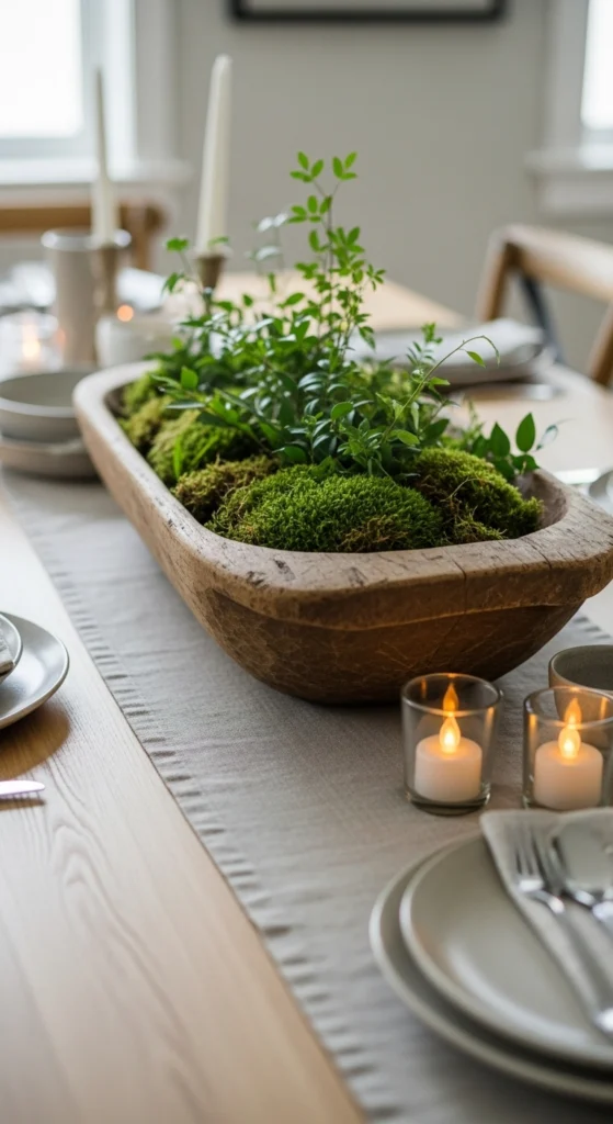 Wooden Dough Bowl With Moss Accents