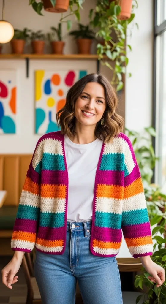 Boxy Crochet Cardigan with Bold Stripes