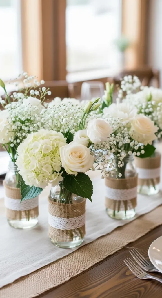 Burlap-Wrapped Vases with White Flowers