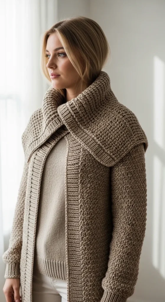 Classic Crochet Cardigan with High Collar