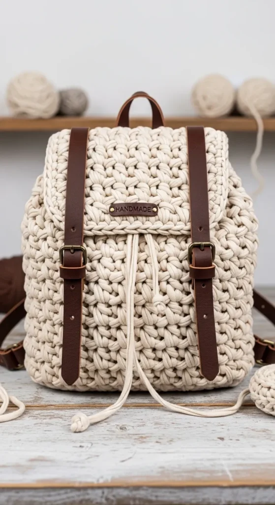 Crochet Backpack with Leather Strap Accents