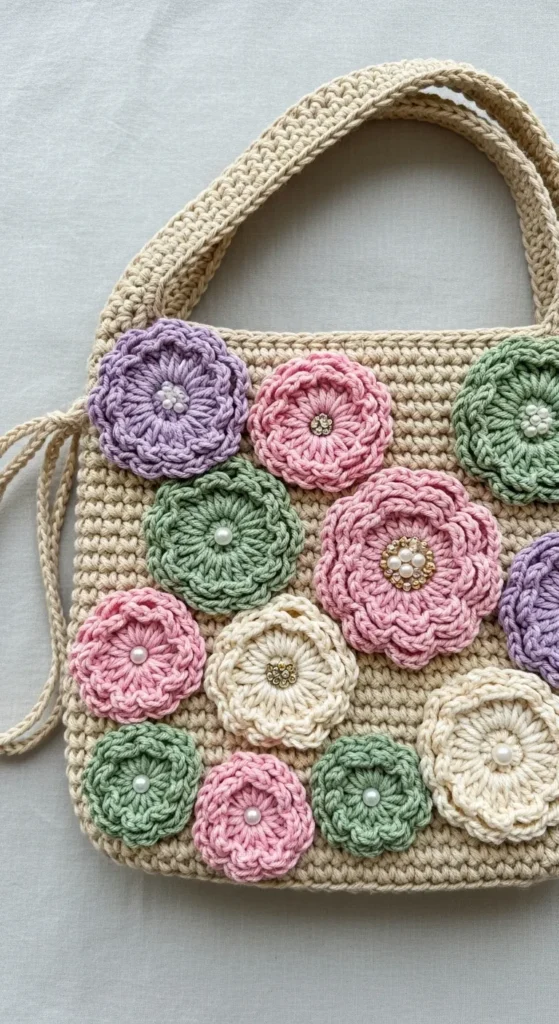 Crochet Bag with Crochet Flower Embellishments
