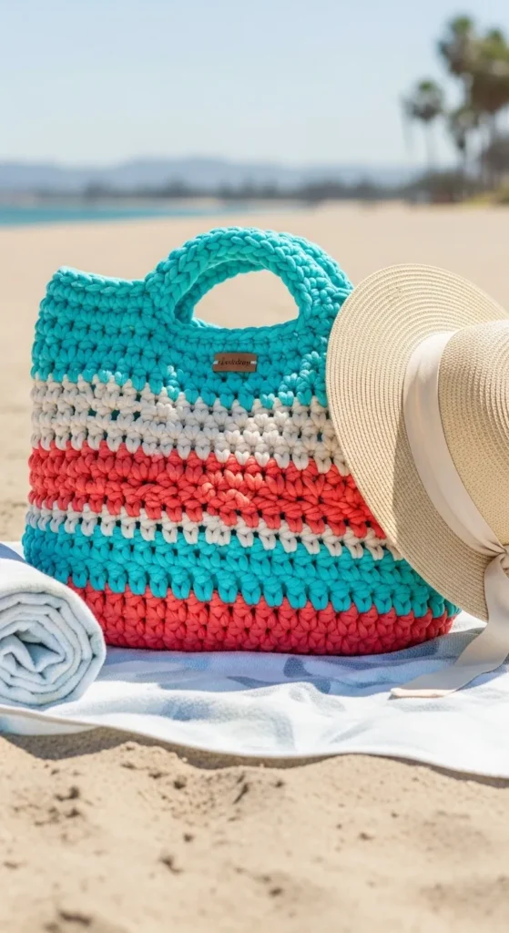 Crochet Beach Bag with Chunky Stripes