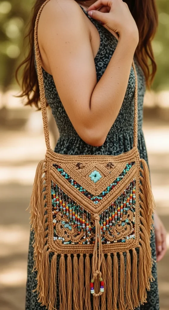 Crochet Boho Crossbody Bag with Fringe and Beads