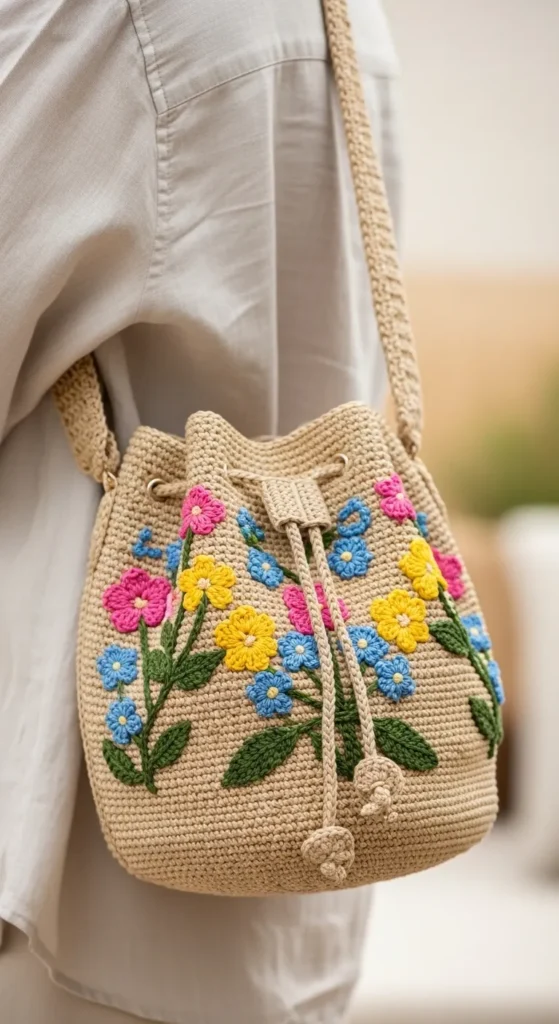 Crochet Bucket Bag with Embroidered Accents