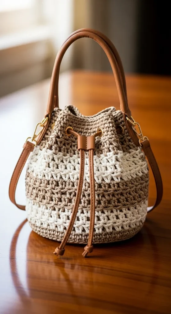 Crochet Bucket Bag with Leather Handles