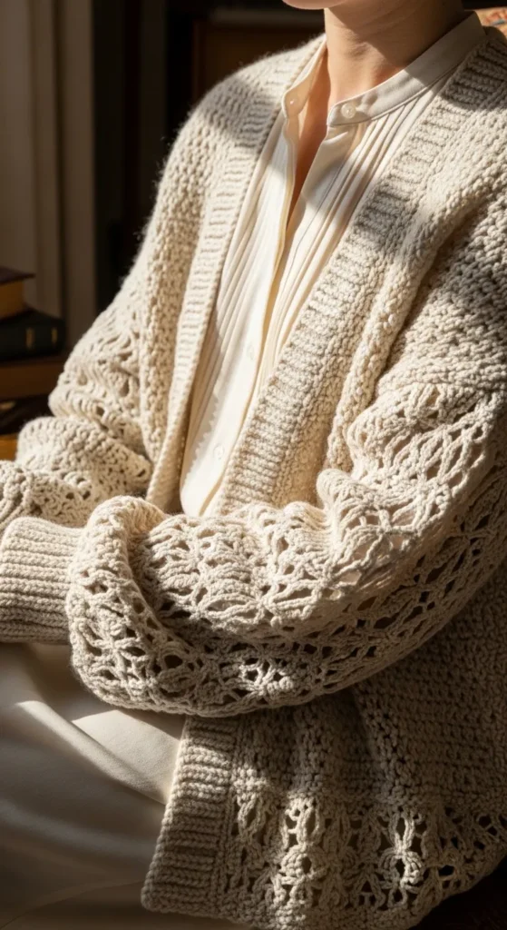 Crochet Cardigan with Lace Details for a Feminine Touch