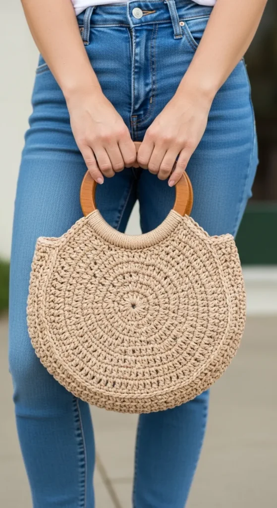 Crochet Circle Bag with Wooden Handles