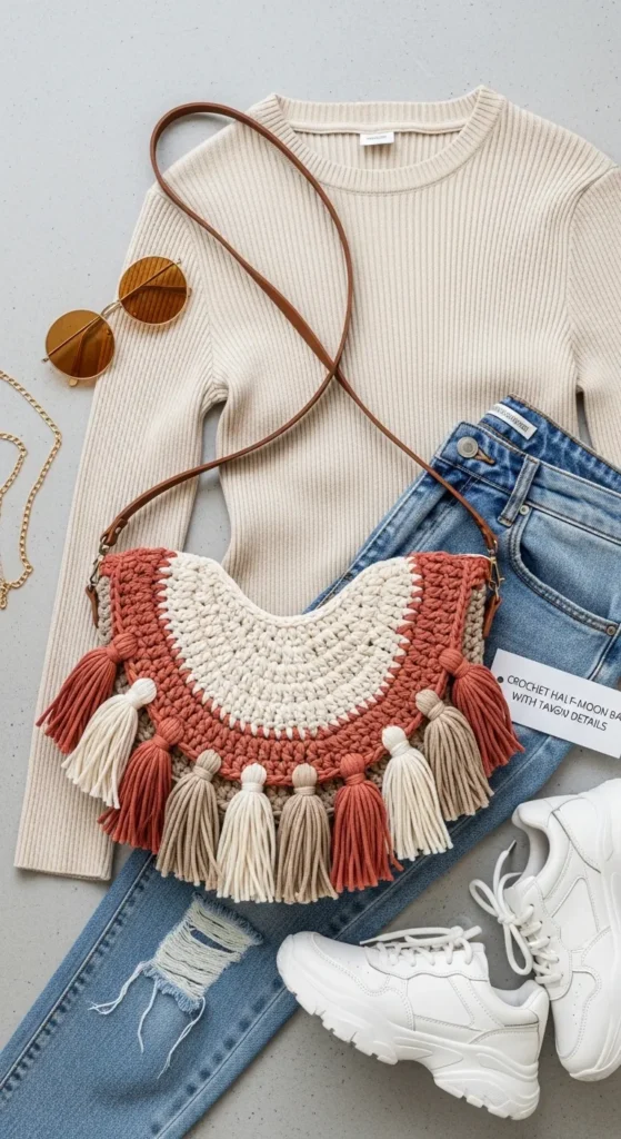 Crochet Half-Moon Bag with Tassel Details