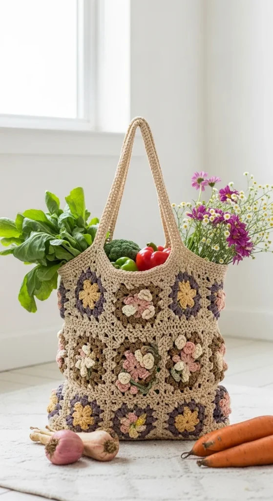 Crochet Market Bag with Floral Embellishments