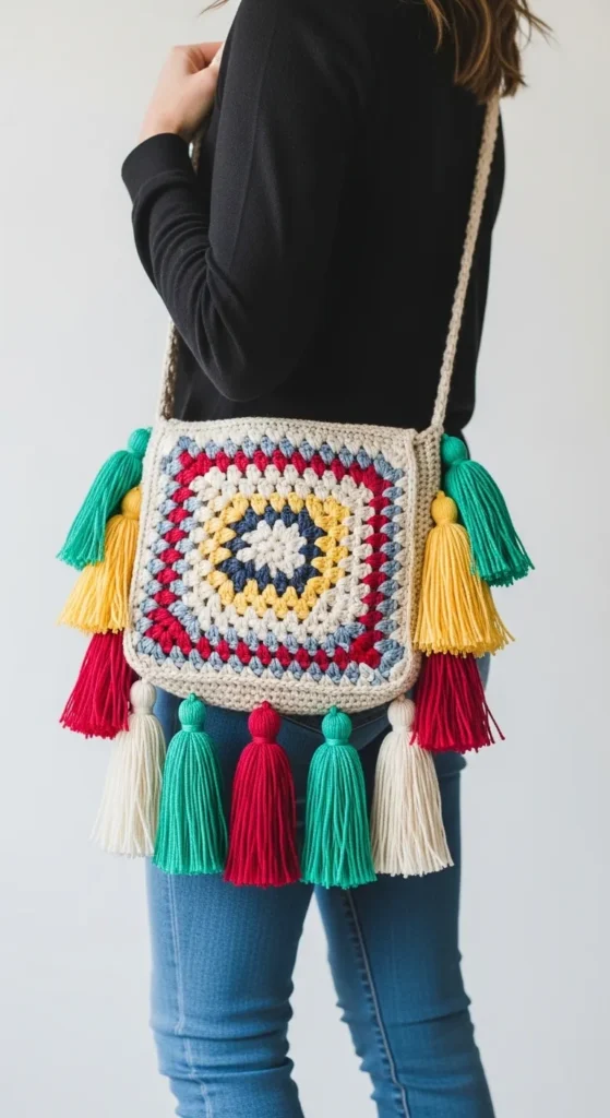 Crochet Messenger Bag with Tassels