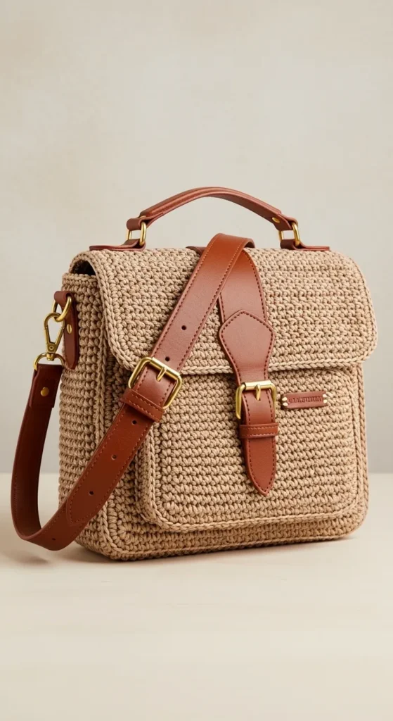 Crochet Satchel with Leather Accents