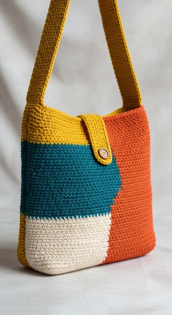 Crochet Shoulder Bag with Geometric Color Blocking