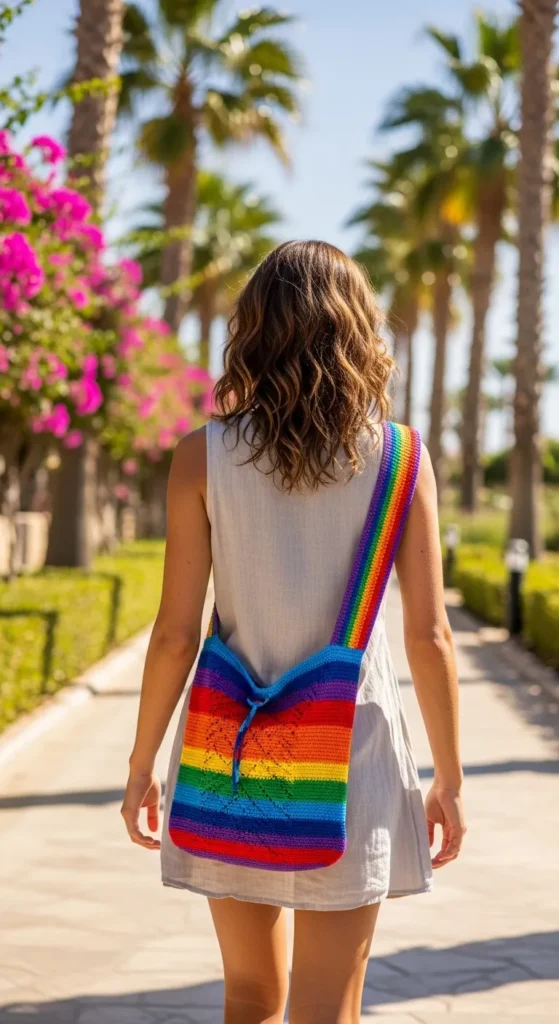 Crochet Sling Bag with Rainbow Stripes