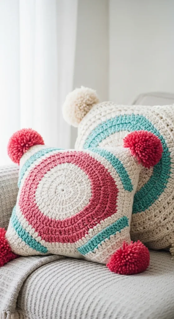 Crochet Throw Pillows with Pompoms