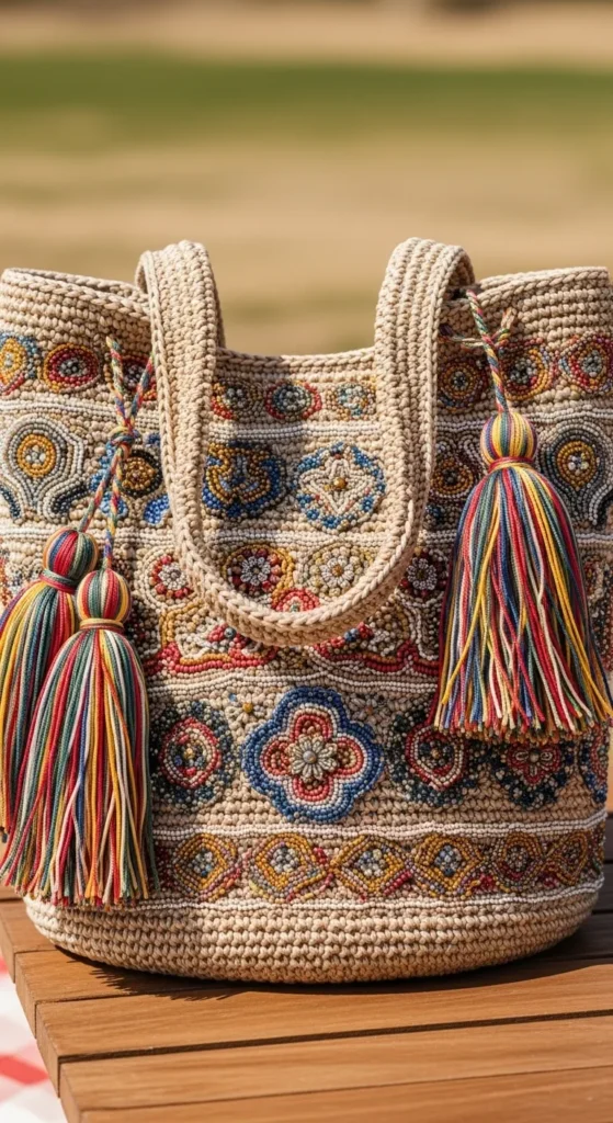 Crochet Tote with Tassels and Beads