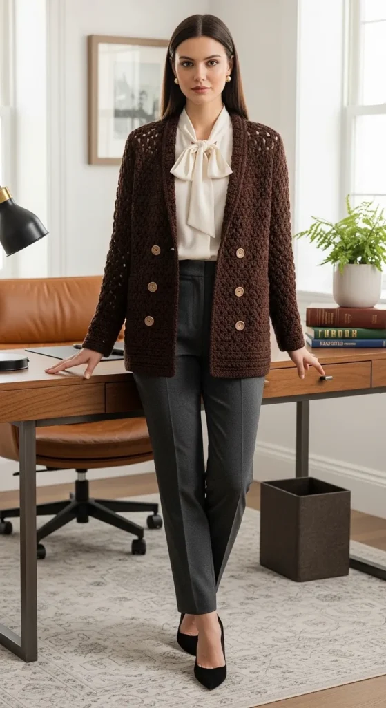 Double-Breasted Crochet Cardigan for Formal Style