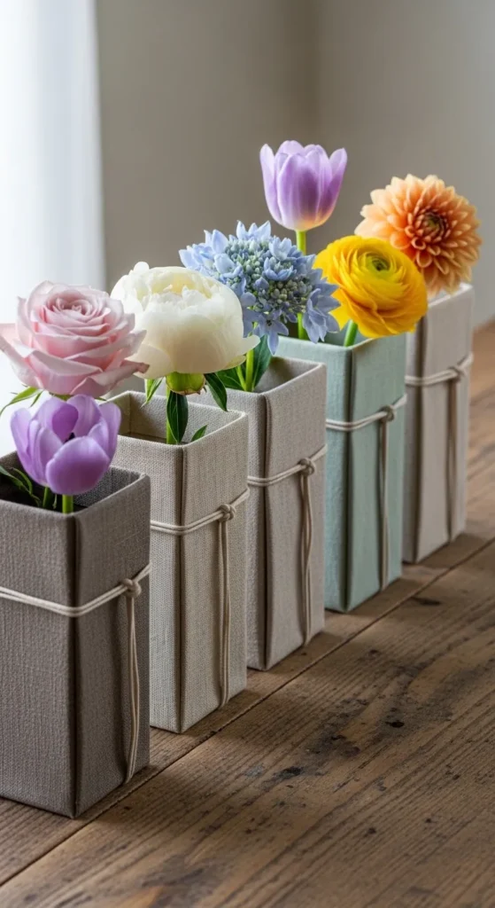Linen-Covered Boxes with Small Blooms