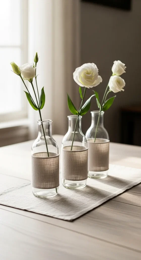 Linen-Wrapped Glass Vases with Single Stems