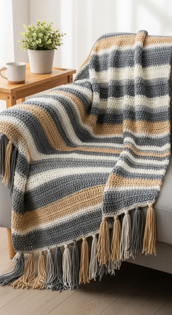 Modern Striped Blanket with Fringe