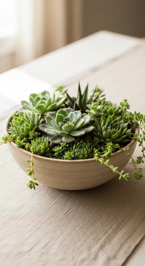 Neutral Ceramic Bowl with Succulents
