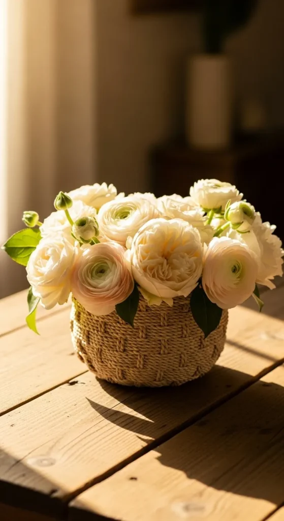 Neutral Woven Basket with Seasonal Flowers