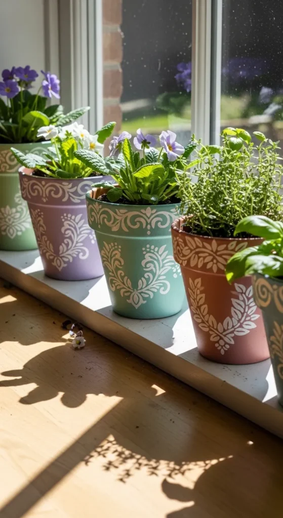 Painted Flower Pots with Stencils