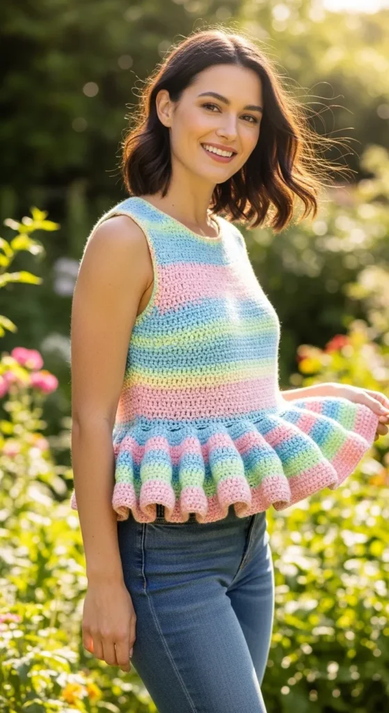Sleeveless Crochet Top with Ruffled Hem