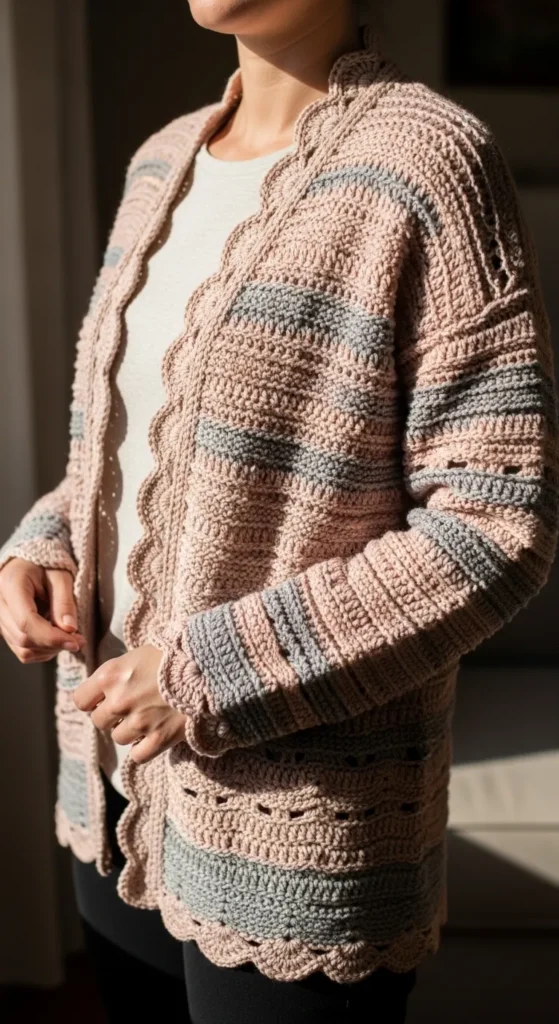 Textured Crochet Cardigan with Scalloped Edges